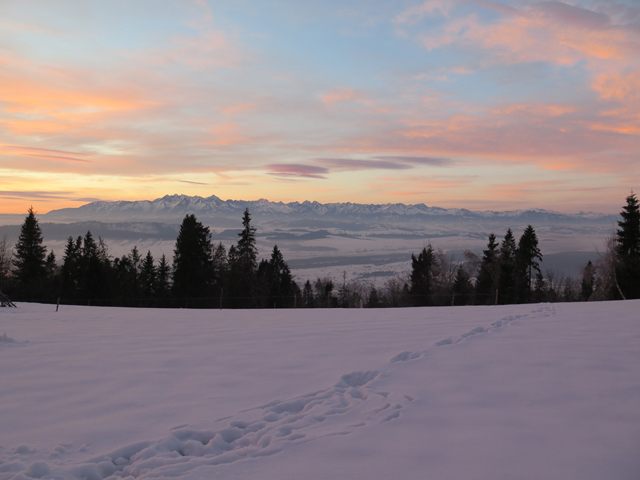 Widok na Tatry z Gorców o wschodzie Słońca